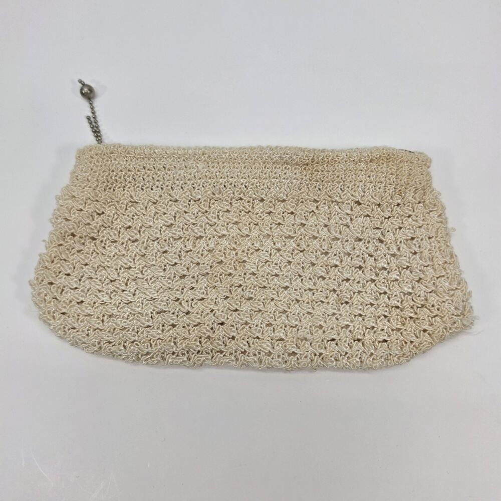 Vintage 1950s Crocheted Clutch Purse Ivory Talon Zipper Mid Century Evening Bag